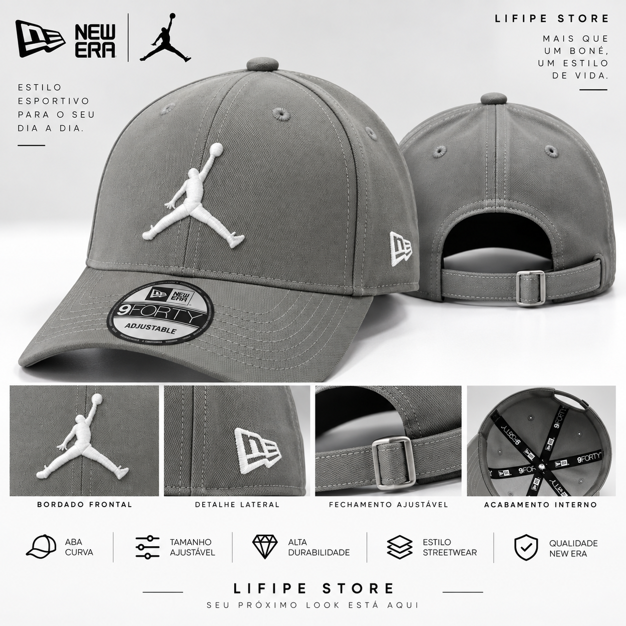 Boné Jordan Cinza com Logo Branco – Aba Curva Ajustável