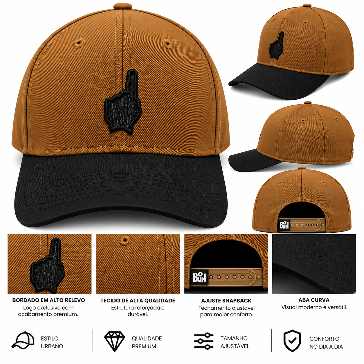 Boné BÜH Caramelo com Preto – Bordado #1 – Snapback