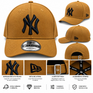 Boné New Era 9FORTY New York Yankees Caramelo com Logo Preto