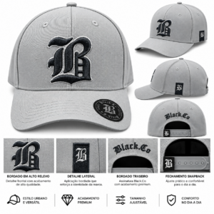 Boné Black Co Cinza Bordado Preto – Snapback
