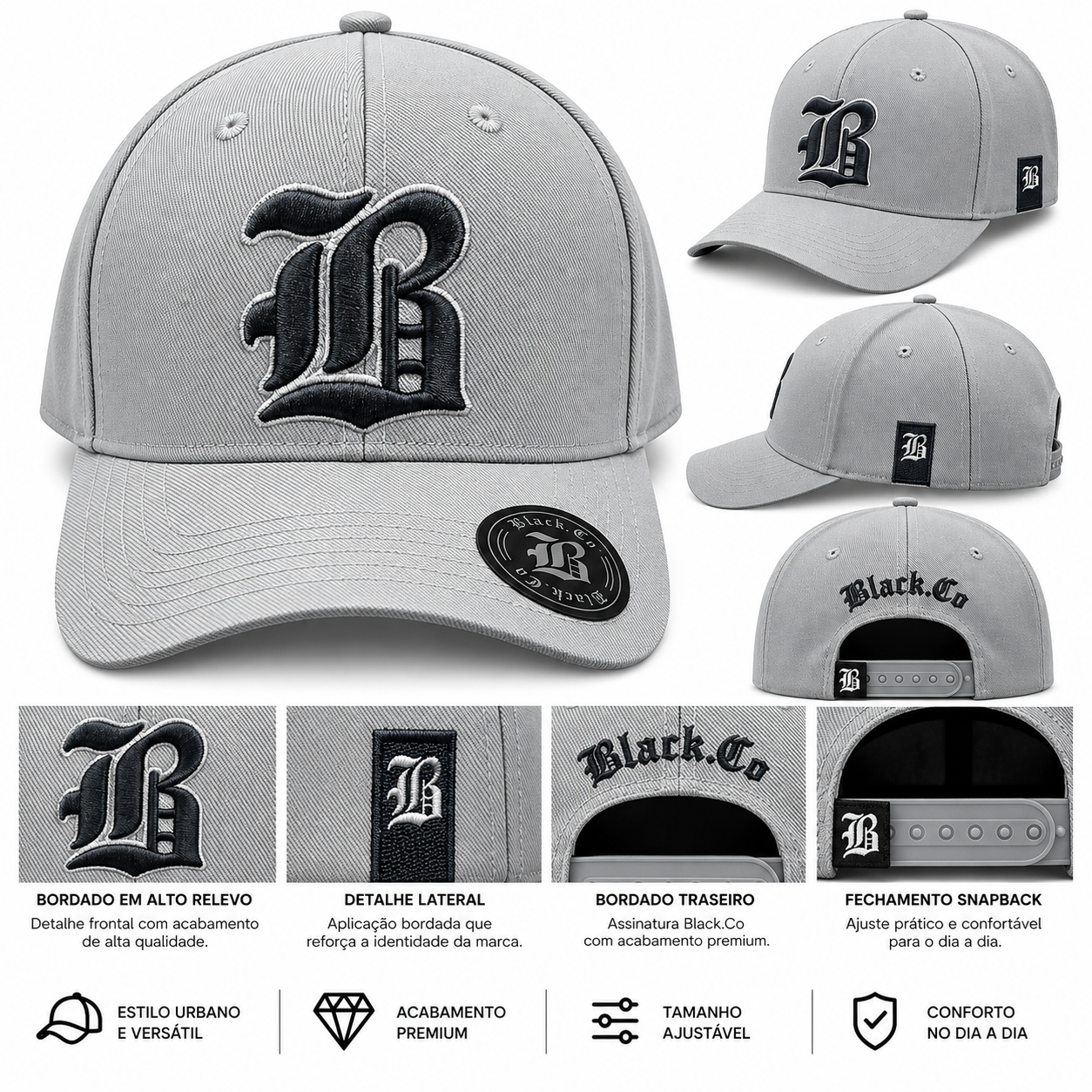 Boné Black Co Cinza Bordado Preto – Snapback