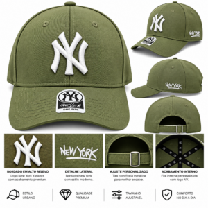 Boné NY New York Verde Oliva – Bordado Branco Ajustável