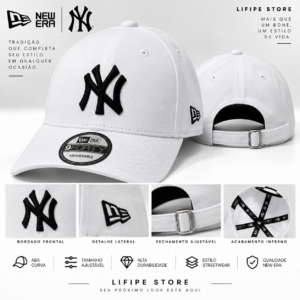 Boné NY Branco com Logo Preto – Aba Curva Ajustável