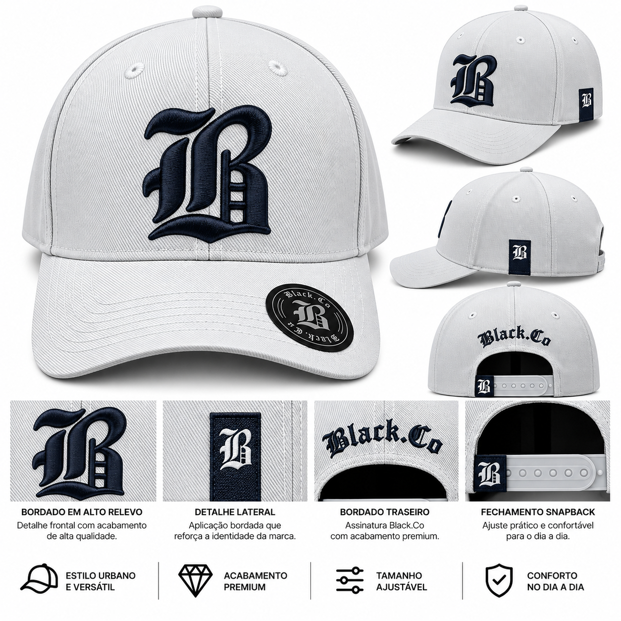 Boné Black.Co B Premium Branco com Bordado Preto – Snapback Ajustável