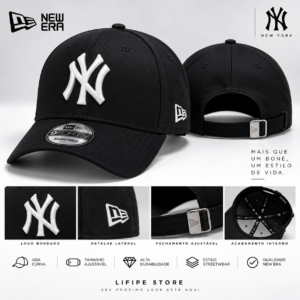Boné NY Preto com Logo Branco – Aba Curva Ajustável