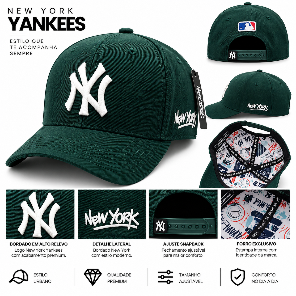 Boné NY New York Verde Escuro com Bordado Branco – Ajustável (cópia)