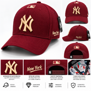 Boné NY New York – Bordô com Bordado Bege