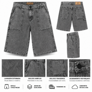 Bermuda Jeans Denim & Co Baggy Carpenter Cinza Estonada – Tamanho 46