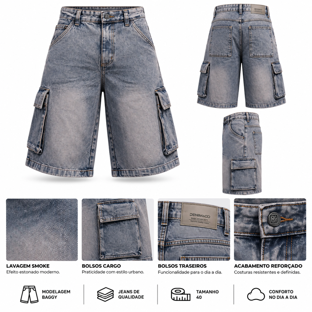 Bermuda Jeans Denim & Co Baggy Cargo Smoke – Tamanho 40